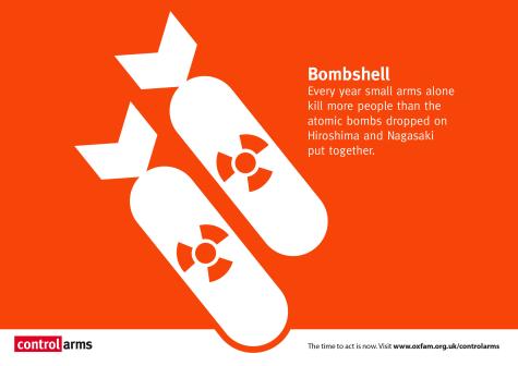 Orange graphic with a white image of two missiles. Next to them it says 'Every year small arms alone kill more people than the atomic bombs dropped on Hiroshima and Nagasaki put together'