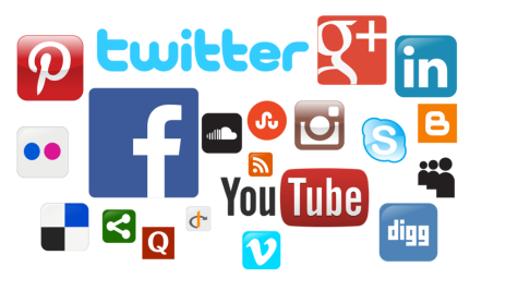 Collage of many different social media icons including Facebook, Instagram, and YouTube