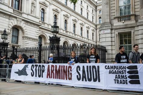 London, UK. 11th July, 2016. Human rights campaigners protest against arms sales to Saudi Arabia used in human rights abuses in Yemen outside Downing Street.