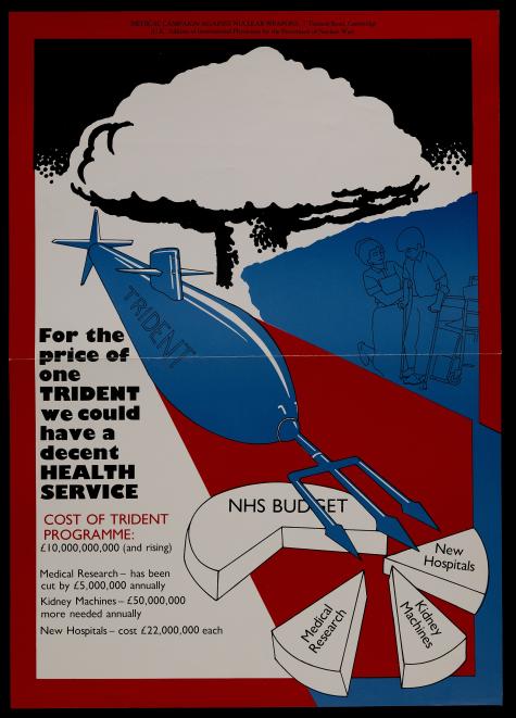 Poster of a nuclear submarine comparing UK health spending with military spending which says "For the price of one trident we could have a decent health service.'