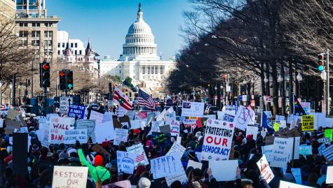 Thousands of protesters hold placards supporting democracy infront of the Whitehouse in Washington, DC