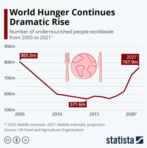 Line graph called 'World Hunger Continues Dramatic Rise'. It shows the number of undernurished people worldwide from 2005 - 2021