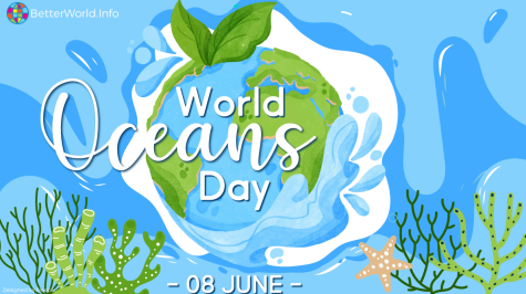 Campaign poster for World Oceans Day – An image of the Earth is surrounded by the blue ocean, vegetation and coral is shown in the background