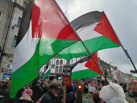 Cardiff Solidarity for Palestine protest, November 2023. Protesters line the streets of Cardiff waving Palstinian flag