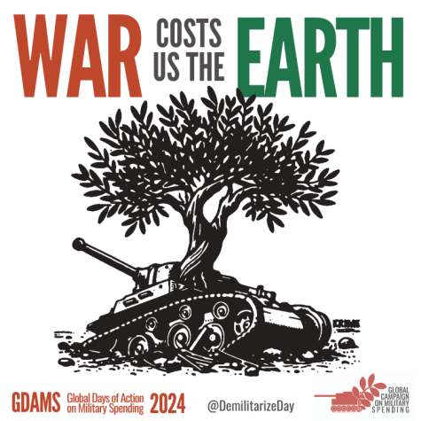 GDAMS poster for their 2024 campaign. A black tree grows out of the silhouette of an army tank.  Above reads ‘War Costs us the Earth.’ 