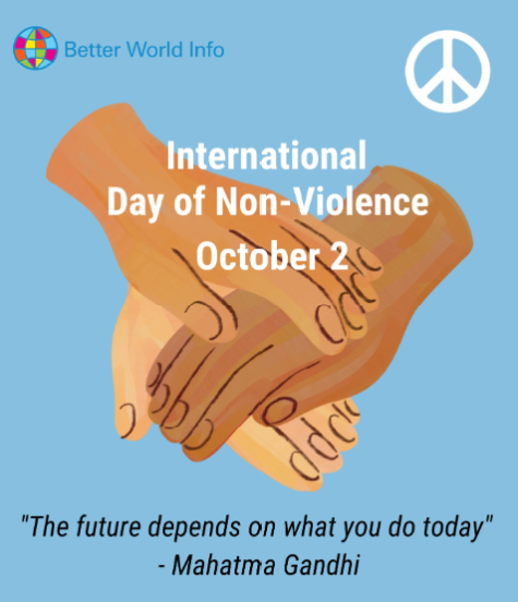 A blue graphic for International Day of Nonviolence shows three different coloured hands placed on top of one another