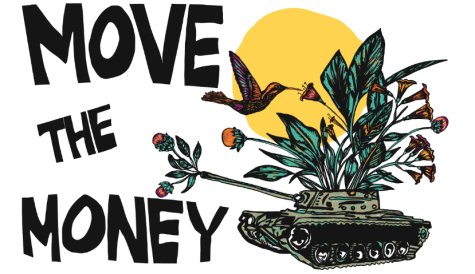 Poster by the GCOMS campaign of a tank with flowers growing out of it. There is a large sun in the background and a humming bird drinking from one of the flowers 