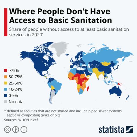 Colour coded map of the world showing the share of people by country without access to at least basic sanitation services in 2020.