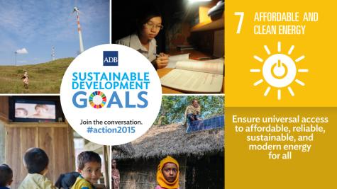 Yellow graphic for the Sustainable Development Goal #7 - Affordable and clean energy. On the left there are images of wind turbines, solar panels, a child doing homework in the dark using a light, and children studying in a classroom. 