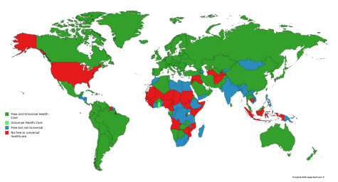 Colour coded map which shows the countries which have universal health care in 2018