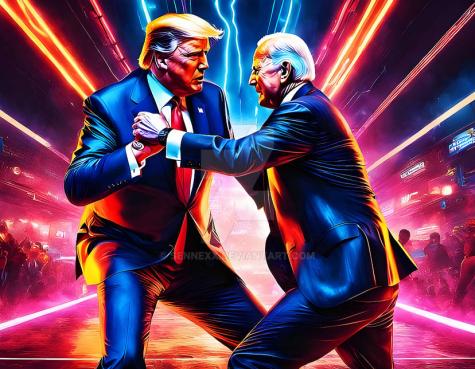 Colourful AI image of Donald Trump battling against Joe Biden there are lots of bright lights in the background as the two older men wearing suits fight