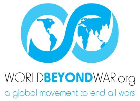 Logo for the non-profit organization World Beyond War, used on websites and publications since 2015. A blue infinity symbol has the world map inside its two circles. The words 'World Beyond War - A Global Movement to End all Wars' is written beneath it. 
