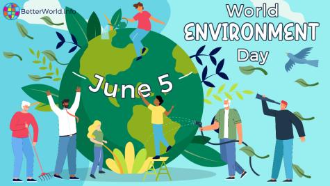 Graphic for World Environment Day. A green Earth sits on a blue background surrounded by leaves and birds and people taking care of the planet. A white banner across the globe reads ‘June 5’ 