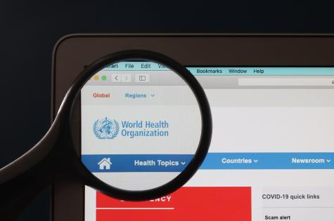 Image of a magnifying glass centred over the WHO name and logo on the WHO website coronavirus section