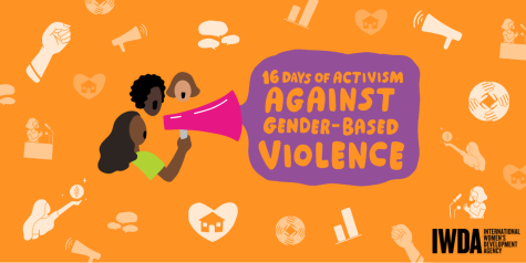 Orange banner logo from IWDA for 16 Days of Activism Against Gender-Based Violence. Simple vector images of 3 women talk into a megaphone.