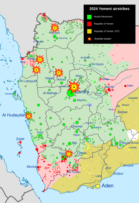 Map of the 2024 Airstrikes on Yemen