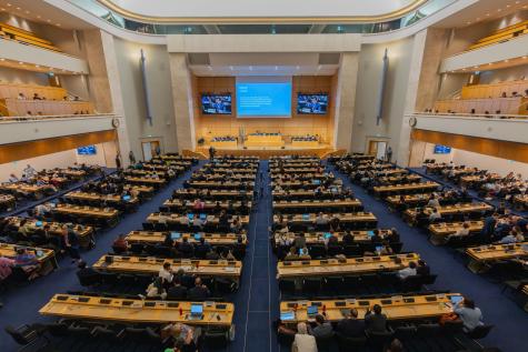 The opening session of the Plastics Treaty talks in Geneva. The delegates are seated in front of a large stage where the panel are seated. There are three large screens. 