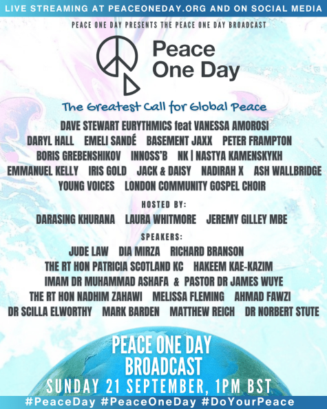 Peace One Day 2025 graphic detailing the event as Online, London including the guest speakers and performing artists.