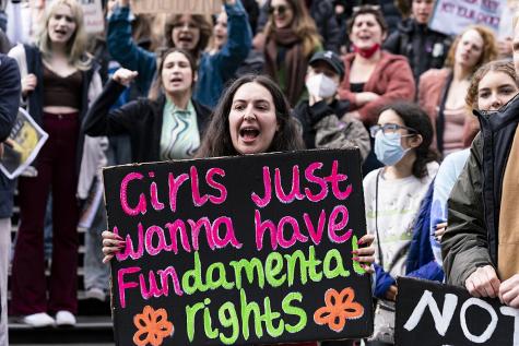 A woman at an an abortion rights protest holds a large sign that says 'Girls just wanna have fundamental rights'.