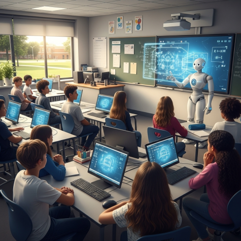 Advanced AI technology in an education setting. A robot stands at the front of a classroom and delivers a lesson to students.