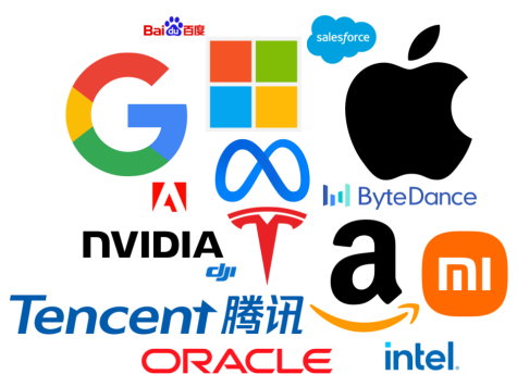 Logos of Big Tech companies including Apple, Amazon, Microsoft, Google, and Facebook.