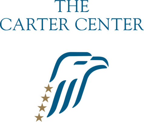Carter Center Logo 2023, the outline profile of a blue bird have four gold stars on its left side.