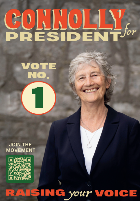 Campaign Poster for Catherine Connolly. Image of the new Irish president standing infront of a grey wall. Above her it says 'Connolly for President' her slogan 'raising your voice' is written below.