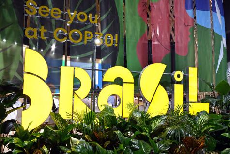 The IAEA Pavillon at the United Nations Climate Change Conference UNCCC COP29 advertising next years COP30 in Brazil.