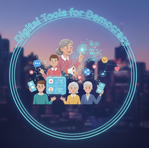 A blue circle infront of a city landscape has the words 'Digital Tools for Democracy' written in it. In the circle there are several vector images of people using digital tools such as tablets and mobile phones. 