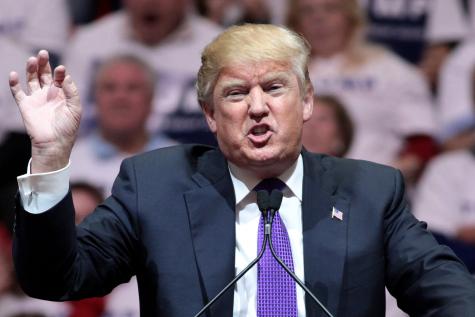 Donald Trump speaking with supporters at a campaign rally at the South Point Arena in Las Vegas, Nevada.