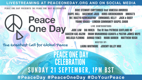 Peace One Day 2025 graphic detailing the event as Online, London including the guest speakers and performing artists.