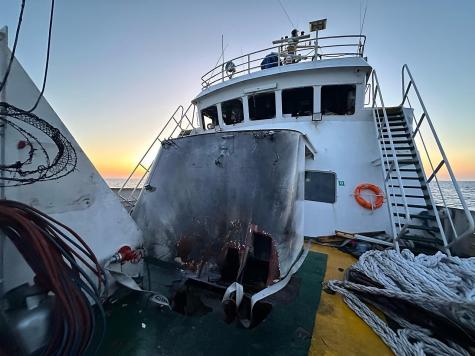 The front of the Gaza Freedom Flotilla ship shows severe structural damage after the reported drone attack.