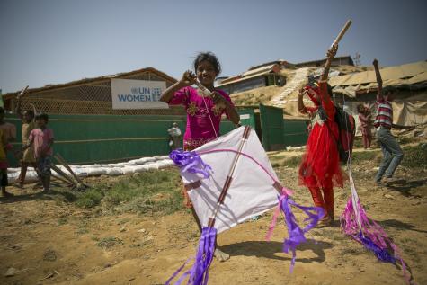 In Cox’s Bazar, Rohingya women refugees make kites on International Women's Day. This image shows children playing with those kites.