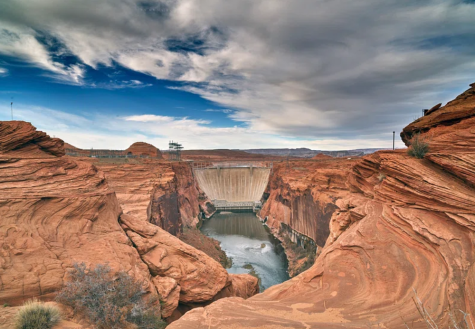 View from a bend in the Colorado River of Glen Canyon Dam, outside Page, Arizona.