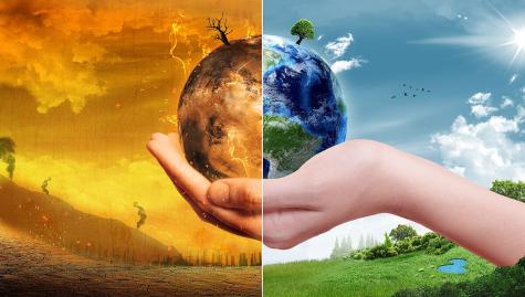 An image of the Earth split in half. On the left side we see the full impact of climate change, the Earth is scorched, there is no plant life and smoke rises from the ground. On the right side we see an image of the Earth without global warming. The sky is blue and the grass is green, birds fly in the sky and plants grow.