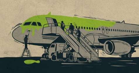 Image of a plane which has been painted green as a metaphor for greenwashing in the aviation industry.