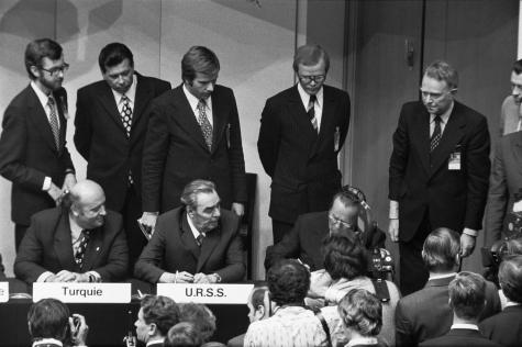 An OSCE (Organization for Security and Co-operation in Europe) meeting in Helsinki in 1975. Signing the Final Act at the Finlandia Hall.