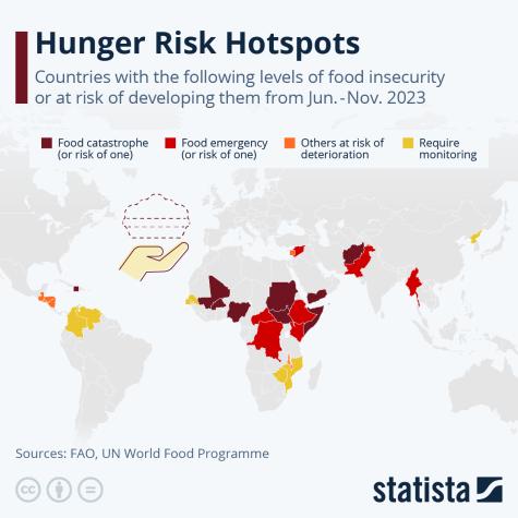 Map displaying hunger risk hotspots around the world from June to November 2023.