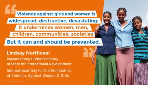 Poster for International Day for the Elimination of Violence Against Women with the quotation - "Violence against girls and women is widespread, destructive, devastating: it undermines women, men, children, communities, societies. But it can and should be prevented." by Lindsay Northover Parliamentary Under Secretary of State for International Development.