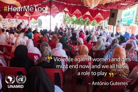 Poster by UNAMID which shows many women sitting at an event for the International Day for the Elimination of Violence against Women. 