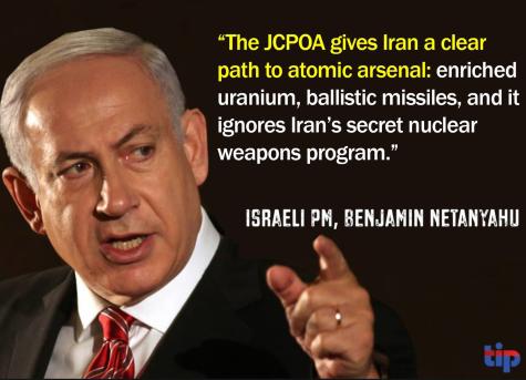 Image of Israeli PM Netanyahu with the quote "The JCPOA gives Iran a clear path to atomic arsenal'