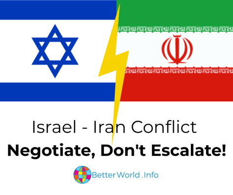 Israel–Iran conflict graphic created by Better World Info. The two flags of Israel and Iran are depicted with a yellow lightning bolt between them, symbolizing tension and hostility. Below the image, the text reads ‘Israel-Iran Conflict. Negotiate, Don’t Escalate!’