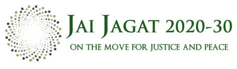 Logo for Jai Jagat. A green dotted circular pattern is on the left with the words 'Jai Jagat 2020-30 on the move for justice and peace'