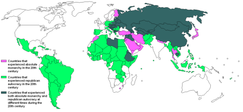 This is a map of countries that experienced autocratic rule at some point during the 20th century.