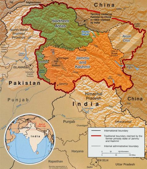 Map of The Disputed Territory in Kashmir: Shown in green is Kashmiri region under Pakistani control. The orange-brown region represents Indian-controlled Jammu and Kashmir while the Aksai Chin is under Chinese control.