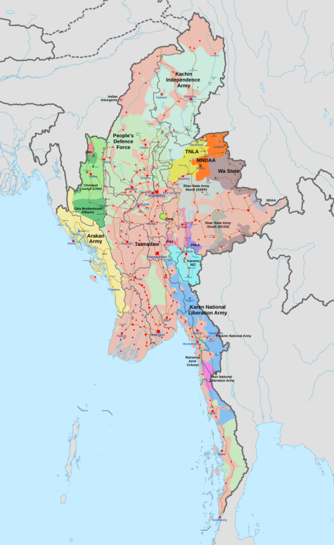 A map of the Myanmar civil war (2021–present) which shows the areas in control by the various ethnic rebel groups and the military.