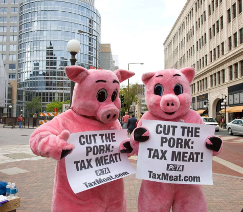 Protesters dressed as pigs stand in the street holding signs demanding a higher tax on meat.