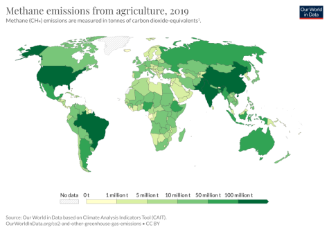 Map of the world which shows methane emissions from agriculture in 2019