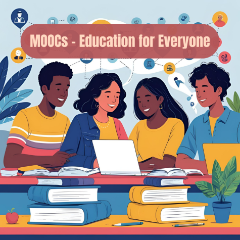 Graphic for MOOCs - Education for Everyone. Two men and two women sit around a table surrounded by books and a laptop. 