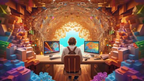 Colourful AI image of the back of a man sat at a desk with 2 screens surrounded on all sides by coloured blocks.